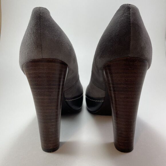True Religion High Heel Platforms Women’s 8.5 Gray Suede Brown Leather 4.5" Heel - Picture 11 of 16